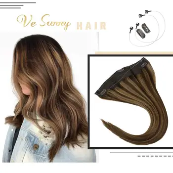 

VeSunny Invisible Halo Hair Extensions Real Human Hair Fishing Hair Flip in Wire with 2 Clips on Highlighted Brown Color #4/27