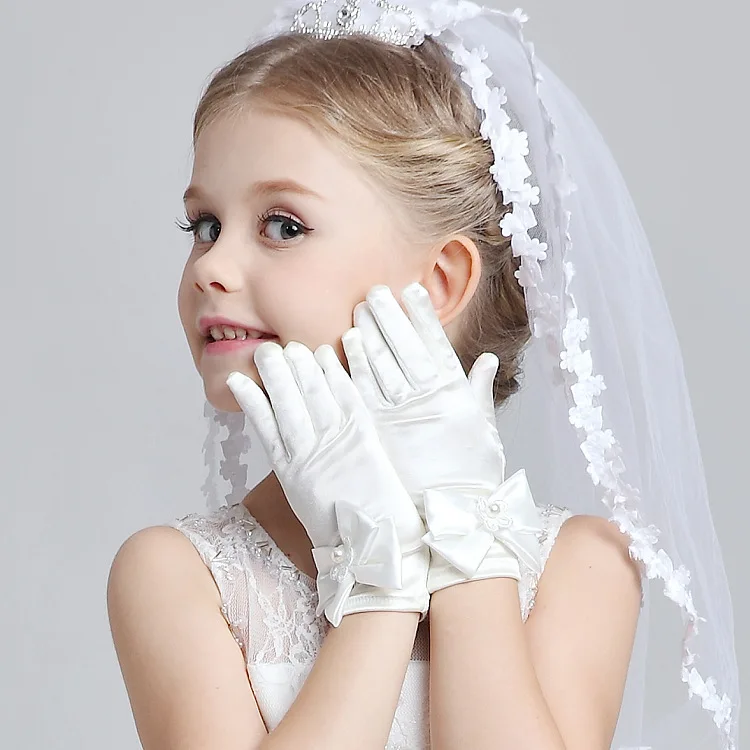 Милые белые свадебные перчатки с бантом для маленьких девочек; нарядные перчатки принцессы с цветочным узором для девочек
