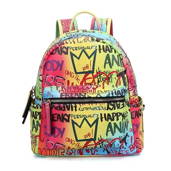 

Woman mini backpack Female Harajuku Style new fashion printed panelled letter pu leather casual student schoobag backpack girl