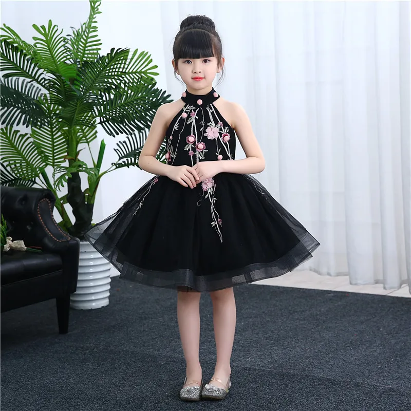 

Children Catwalks Black And White with Pattern Evening Gown Nobility Girls Model Host High-End Halter Chinese-style Piano Costum