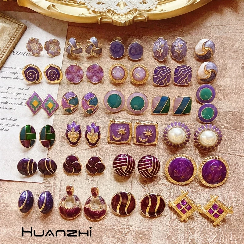 HUANZHI 2021 винтажные геометрические простые фиолетовые резные круглые Цветочные жемчужины цветные эмалированные металлические серьги-гвоздики для женщин ювелирные изделия