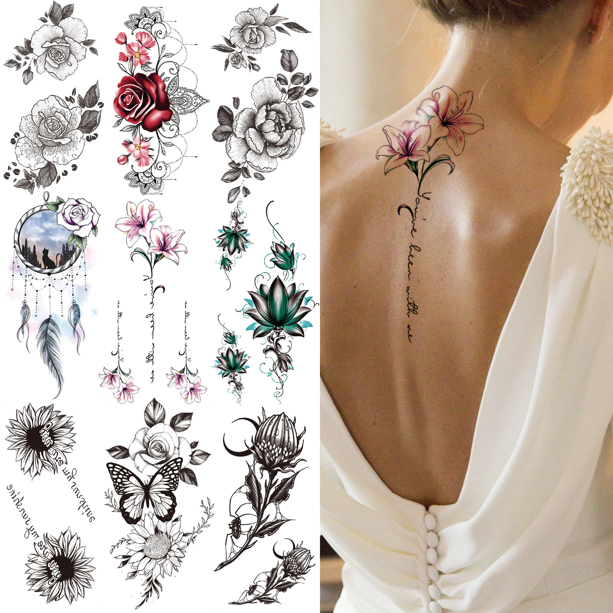Lily Chains Flower Temporary Tattoos For Women Girl Black Butterfly Dream Catcher Tattoo Sticker Fake Rose Sexy Tatoos Back Body Temporary Tattoos Aliexpress