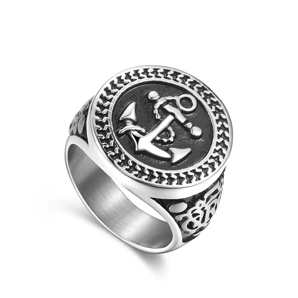 316L Stainless Steel Golden Anchor Biker Ring Hip Hop Rock Titanium Steel Jewelry For Men Size 8-12#