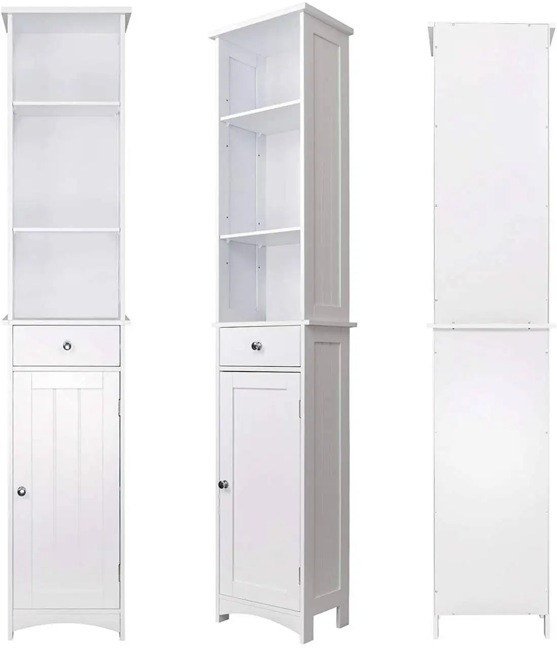  Gabinete alto de almacenamiento para baño, estantes de  almacenamiento independientes de 3 niveles, vitrina de oficina en casa,  estantería con puertas, cajones, luces LED, estante ajustable para cocina,  baño, oficina (blanco) 