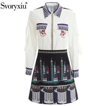 

Svoryxiu Fashion Designer Skirt Suit Women's White Long Sleeve Blouse + Vintage Printed A Line Skirt Sexy Party Clothes Set