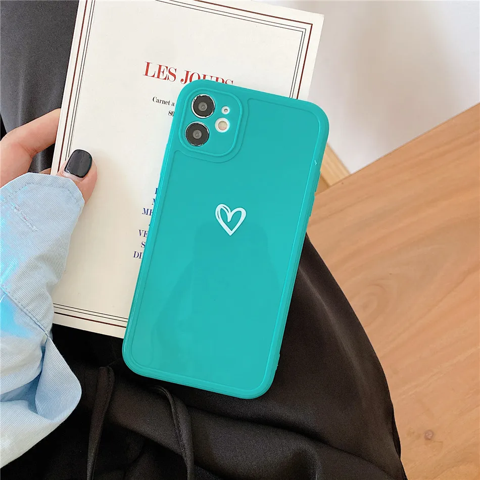 Candy Colors Love Heart Phone Case For iPhone 11 12 Pro Max 7 8 Plus X XR XS Max Three-dimensional Square Frame Back Cover Coque