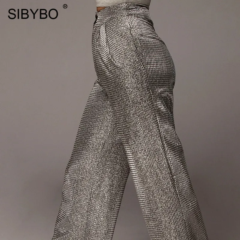 SIBYBO/блестящие повседневные брюки с высокой талией; женские модные свободные брюки с широкими штанинами; черные уличные зимние женские брюки