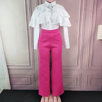 

Women 2 Pieces Sets White Shirt Tops with Rose Red Wide Leg Pants Ruffles Elegant Office Ladies Work Classy Suit Modest Female