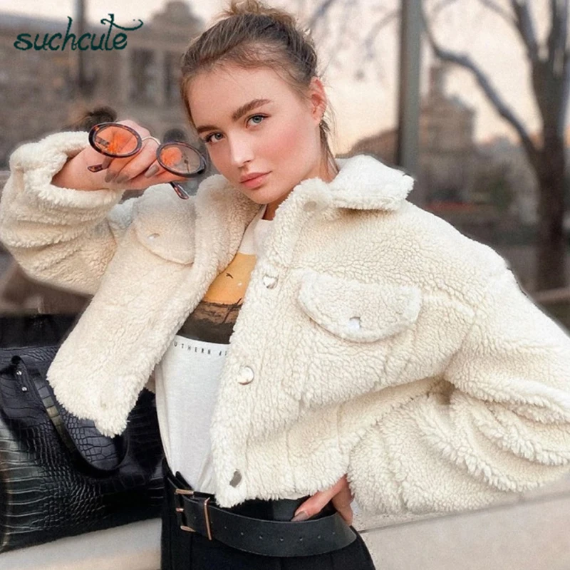 SUCHCUTE бархатное плюшевое пальто из искусственного меха для женщин, куртка на пуговицах Modis из овечьей шерсти, теплое зимнее пальто, женская верхняя одежда