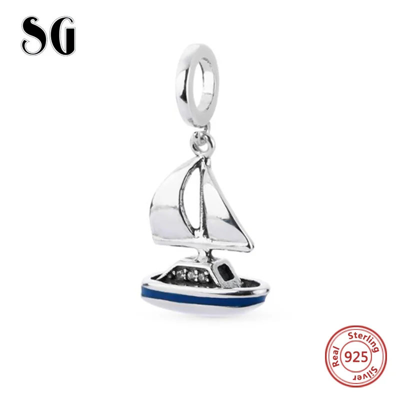 

925 Sterling Silver sailboat Beads dangle with blue enamel Fit pandora Charms Bracelet pandora DIY Jewelry Making women Gifts