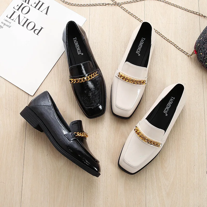 

Woman Metal Chain Low Heels Loafers Leather Square Toe Shoes Casual Slip on Shallow Pump Big Size Black Apricot Zapatos Mujer