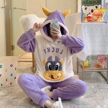 QWEEK Pajamas for Women Kawaii Cow Pijamas Winter Flanne Pyjamas Loungewear Purple Pink Blue Girls Home Clothes Pour Femme Warm