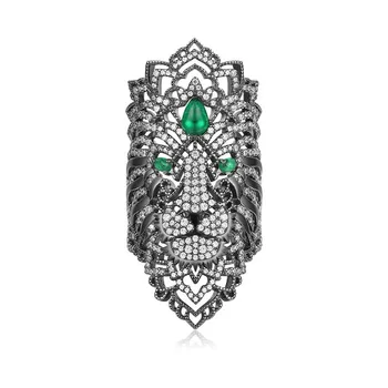 

925 Sterling Silver Black Dark Grey Fierce Lion Ring Green Eyes Zircon Stones Feroce Collection Personality Women Jewelry