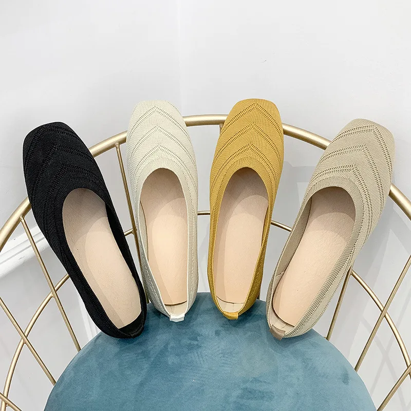 

New Breathable Women's Flat Shoes Flying Woven Square Toe Women Shoes Knitted Ballet Shoes Soft Pregnant Single Zapatos De Mujer