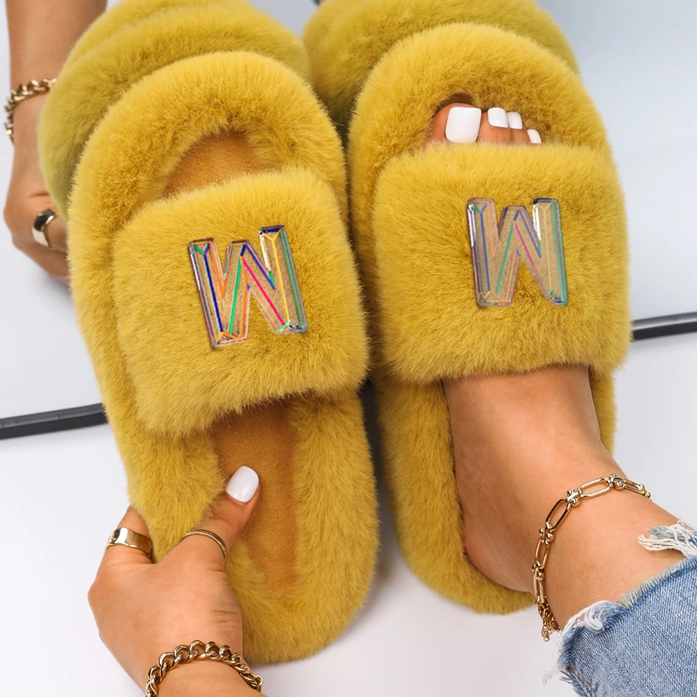 Fashion Slippers Women Designer Letter Decor Faux Fur Slides Home Fluffy Flip Flops Female Platform Sandals Winter Casual Shoes