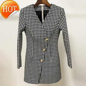 

Sleeve Women Long Blazer Dress Spring Autumn High Waist Tunic Plaid Dress