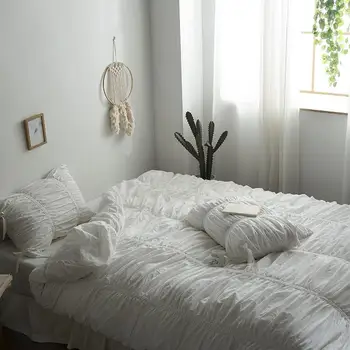 

White Pink Purple 100%Cotton Soft Pinch Pleated Bedding Set Duvet Cover Pintuck Ruffled Queen King size Bedding Sets Bed sheet