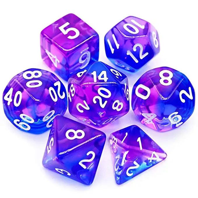 

Haxtec 7PCS DND Dice Set Polyhedral D&D Dice of D20 D12 D10 D8 D6 D4 fo TTRPG Games (Purple Blue)