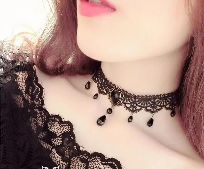 New Collares Sexy Gothic Chokers Crystal Black Lace Neck Choker Necklace Vintage Victorian Women Chocker Steampunk Jewelry