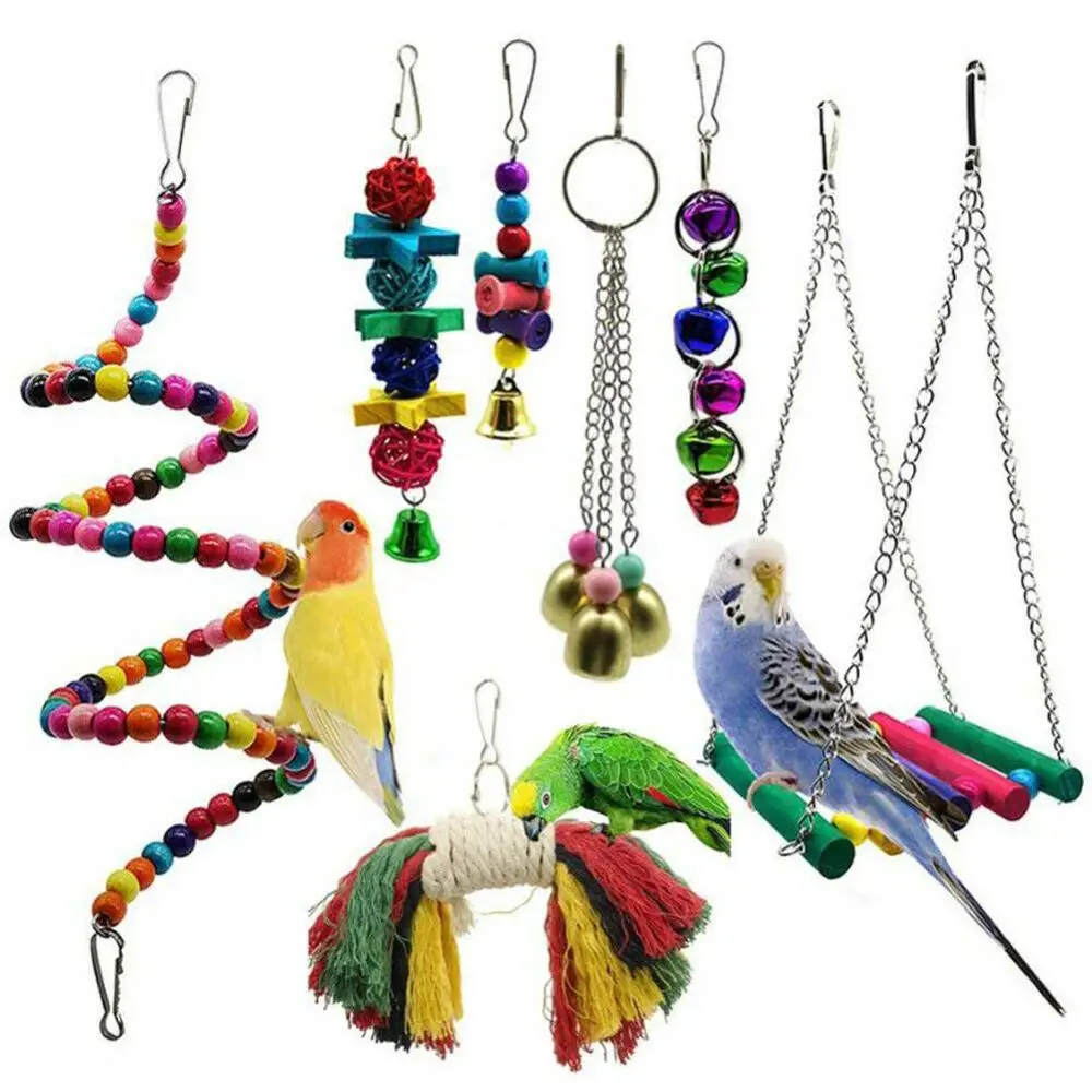 

7PCs/Set Pet Bird Combination Toys Set Metal Rope Small Parrots Bite Toy Funny Swing Ball Bell Standing Training Toys