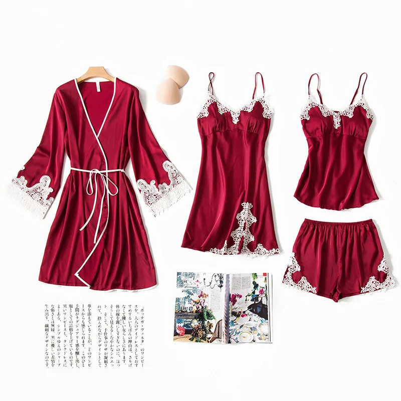 

QWEEK Summer Sexy Spaghetti Strap Robe Pajamas Four-piece Set Thin Solid Color Homewear Women Sexy Lace Silk Pyjamas for Women