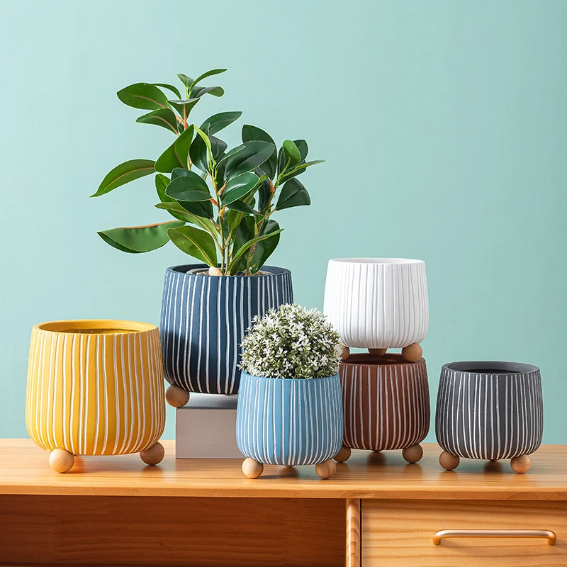 Korean Colorful Painted Stripe Design Succulent Ceramic Flower Pot