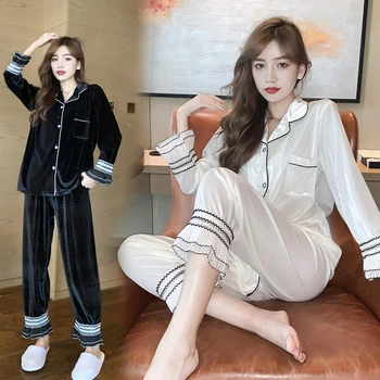

Women Winter Pajama Set Velvet Nightgown Nightwear Suits Cardigan Nighty Pleuche Pajama Flare Sleeve Female Sleepwear Autumn