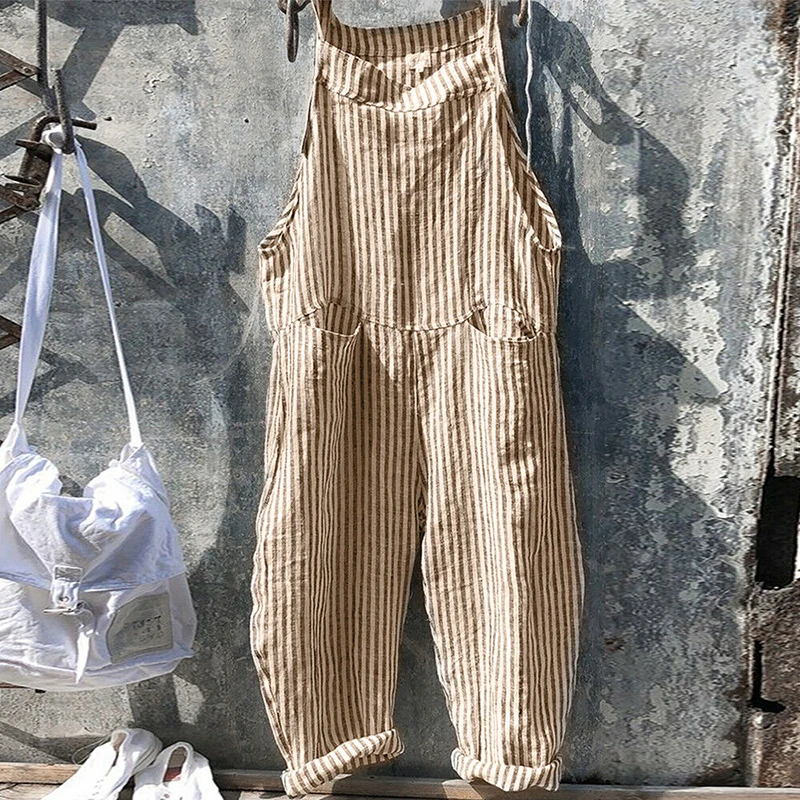 Summer Jumpsuit Womens Casual Baggy Striped Wide Leg Overalls Dungarees Jumpsuit Women Street Daily Cotton Linen Jumpsuit S-XL