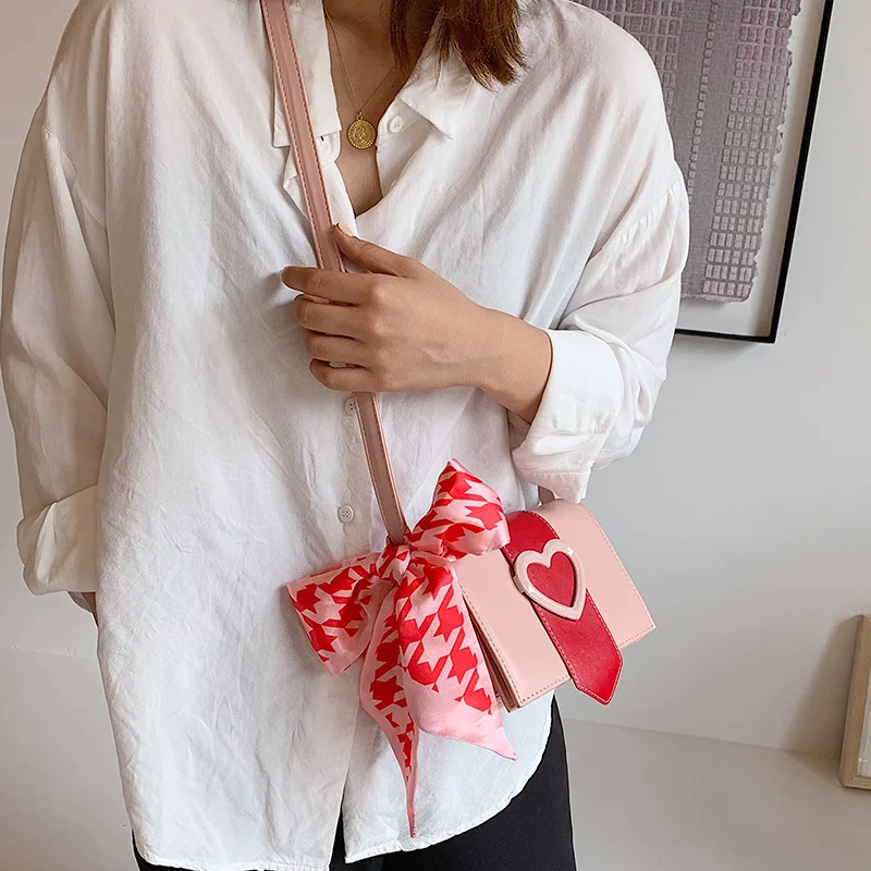 

Western Style Bag Women's 2019 New Style Korean-style Heart Shape GIRL'S Shoulder Contrast Color Square Sling Bag Women's