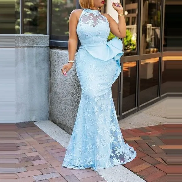 

Aso Ebi Lace Prom Dresses With Sheer Neck Peplum Pleats Halter Mermaid Evening Gowns African Black Girls Party Robe Vestidos