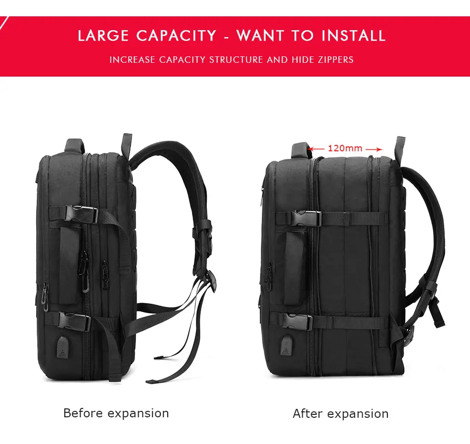 Men Multifunction 15.6" Laptop Backpack Large Capacity Expansion USB Charging Port Travel Backpacks Water Repellent Luggage Bags