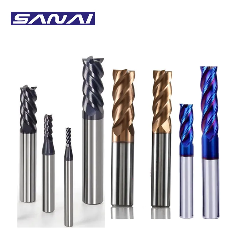 SANAI End Mill 4 Flutes HRC50° HRC55° HRC65°Tungsten Carbide Steel Milling Cutter 1mm to 20mm 4F End Mill CNC Lathe Cutting Tool