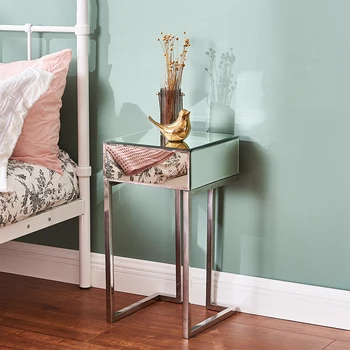 

Panana Mirrored Glass Bedside Table With Drawer Glass Mirror Bedroom Furniture Nightstand Geometry Chrome Legs Livingroom