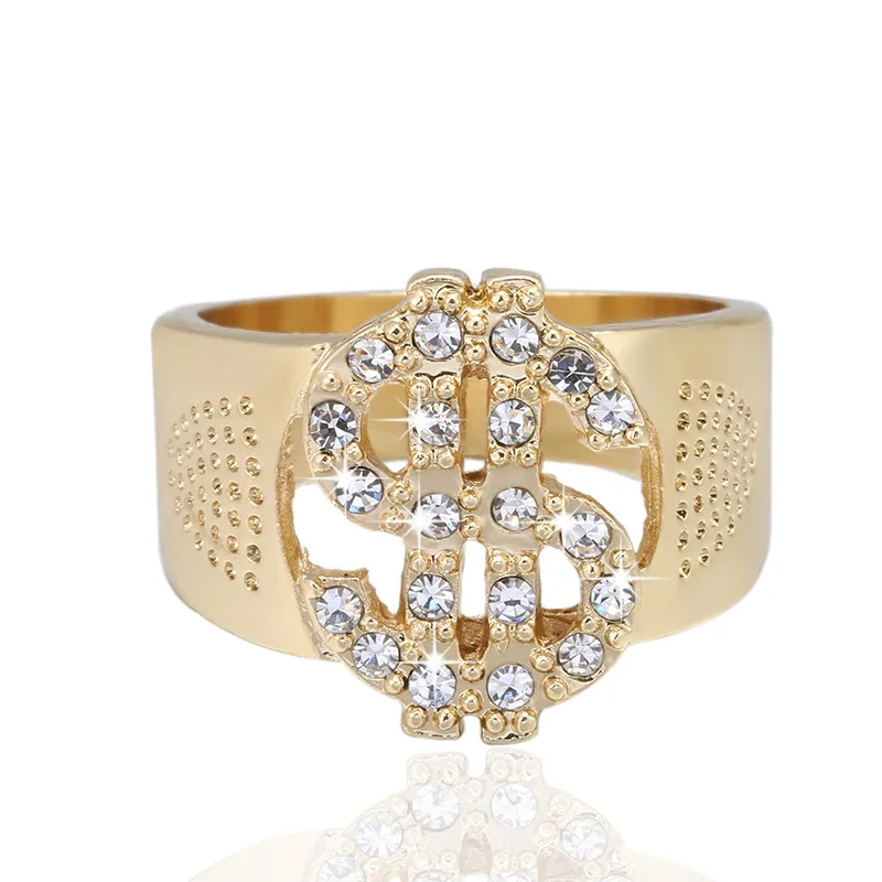 

Fashion Rock Iced Out Bling Gold Color US Dollar Sign Signets Rings for Men Jewelry #7-13