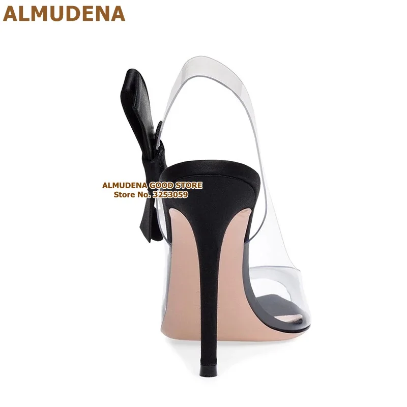 ALMUDENA/изумрудные атласные туфли-лодочки на высоком каблуке с бантиком модельные туфли из прозрачного ПВХ с острым носком босоножки на завязках с открытым носком и бабочкой