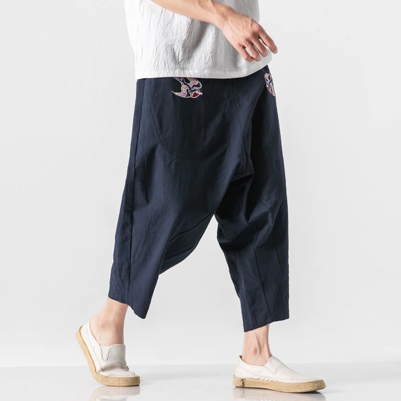 5XL плюс Размер, хлопковые льняные шаровары, мужские повседневные штаны для бега, мужские брюки с вышивкой в стиле ретро, брюки в китайском стиле, Y1857