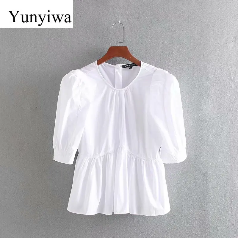 

Women Sweet Puff Sleeve Casual Smock Blouse Shirts Women Solid Color Pleats Blusas Office Lady Back Button Femininas Tops