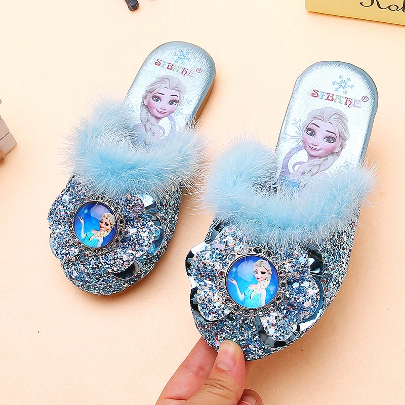 Disney Frozen de para niñas y Sandalias planas de princesa de animados, zapatos exteriores con piel|Zapatillas| - AliExpress
