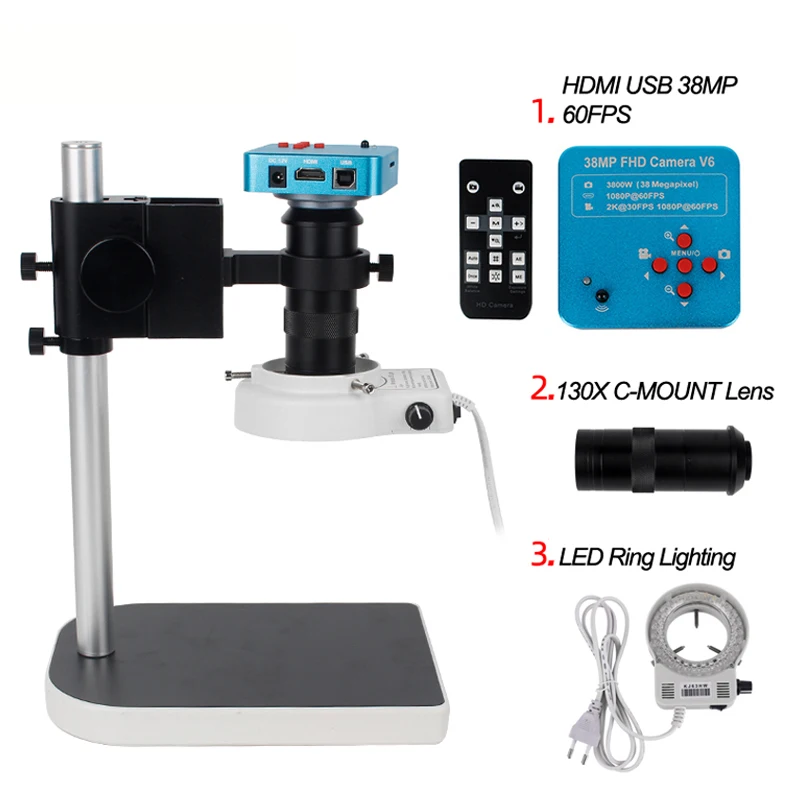 US $62.28 Digital Microscope 38mp Hdmi For Electronics Industrial Digital Video Microscope Camera Soldering 130x C Mount Lens Led Light