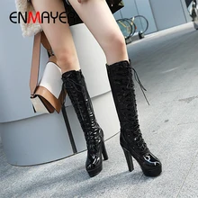 ENMAYER/очень высокие зимние сапоги до колена с круглым носком однотонные короткие сапоги до бедра из плюша с перекрестной шнуровкой женские сапоги из искусственной кожи на квадратном каблуке