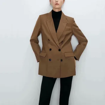 

Autumn and winter women's suit casual solid color double-breasted pocket decorative suit