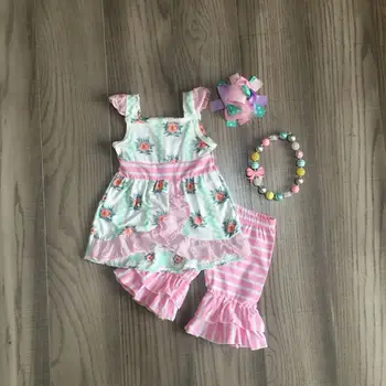 

baby Girl girls summer pink capri outfits girl floral top children stripe ruffled outfits with accessories