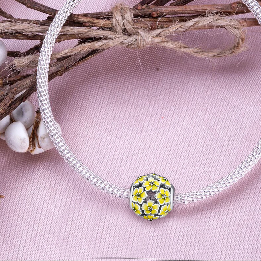 DIY Подходит для Pandora шармы браслеты маргаритки бусины с бледно-желтой эмалью& CZ стерлингового серебра 925-ювелирные изделия