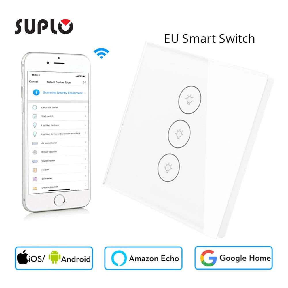 

SUPLO Wifi Smart Wall Touch Switch Glass Panel EU Standard 3 GANG APP Remote Control Works with Amazon Alexa Google Home