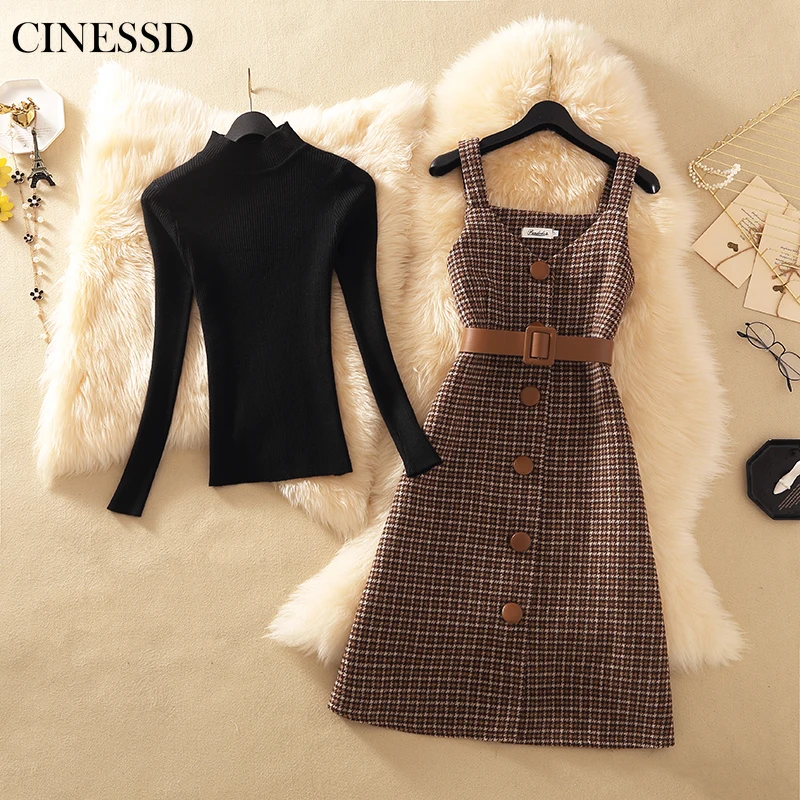 

Streetwear Two Piece Sets Dress Women Autumn Winter Sweater wool Knee-Length Dresses With belt plus size Elegant party Dress