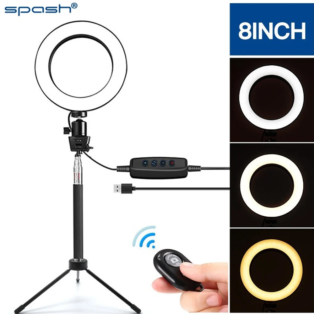 SPASH Ring Light 8 Inch Ring Lamp Bluetooth USB Plug with Selfie Stick Tripod Phone Holder for YouTube Photography Ringlight 10