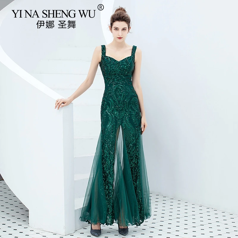 

New Emerald Green Long Dress Mermaid Sequined Spaghetti Straps Prom Party Illusion Abiye Gece Elbisesi Vestido De Festa Longo