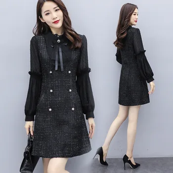 

2020's small fragrance double-breasted stitching fake two-piece long dress women's clothing