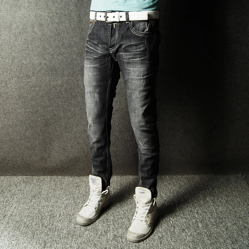 Итальянские винтажные стильные модные мужские джинсы, Черные Серые облегающие хлопковые джинсовые штаны, уличная одежда, рваные джинсы, мужские классические джинсы homme