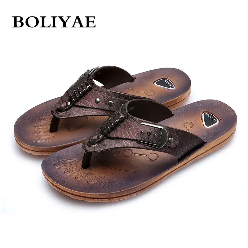 

Men Summer Shoes Cow Leather Men Beach Slippers Fashion Flip Flops With Soft Sole Trendy Breathable